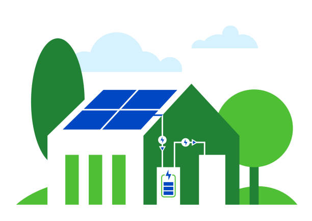 Solar Electricity and Battery Energy Storage Landscape with a house in front, solar panels on the roof, and battery backup storage installed which supplies the house with electricity at nights. Renewable energy smart power island off-grid system. Simple, flat illustration. battery storage stock illustrations