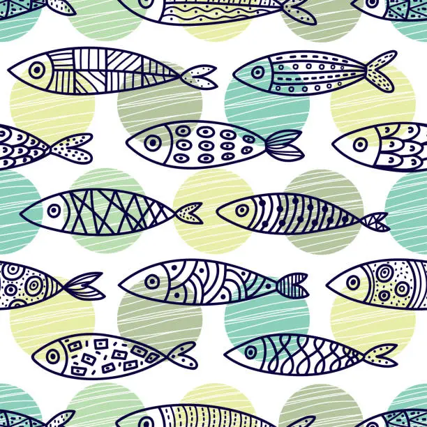 Vector illustration of Cute fish.  Kids background. Seamless pattern.