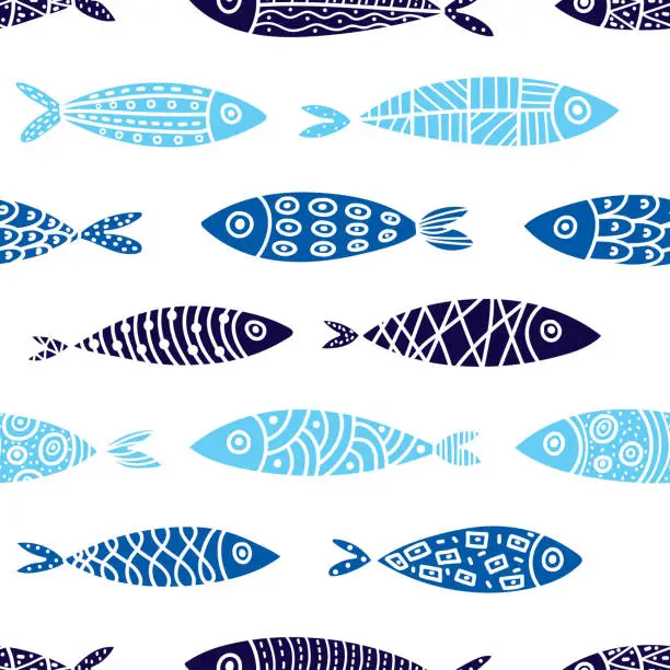 Vector illustration of Cute fish.  Kids background. Seamless pattern.