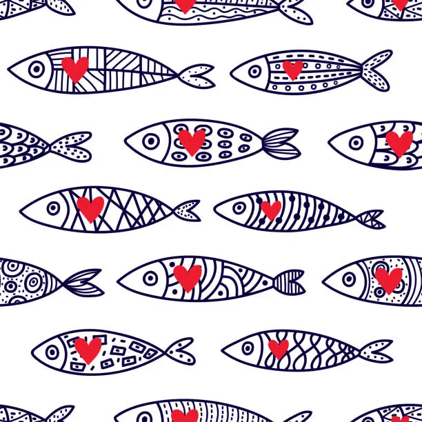 Vector illustration of Cute gold fish.  Kids background. Seamless pattern.