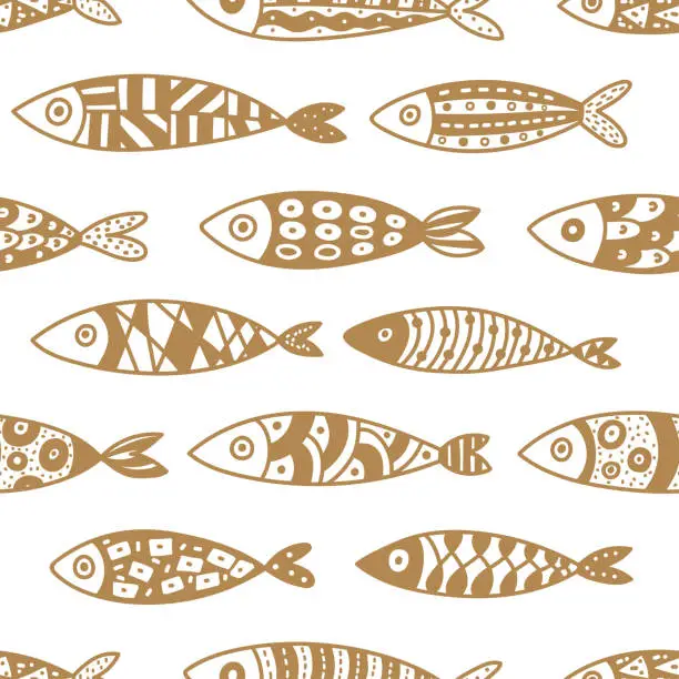 Vector illustration of Cute gold fish.  Kids background. Seamless pattern.