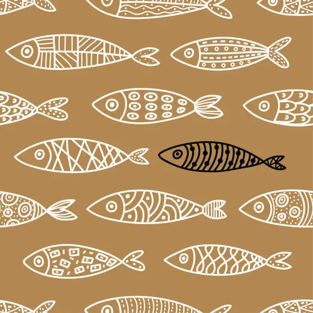 Vector illustration of Cute gold fish.  Kids background. Seamless pattern.