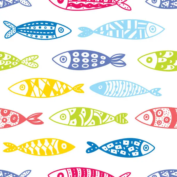 Vector illustration of Cute fish.  Kids background. Seamless pattern.