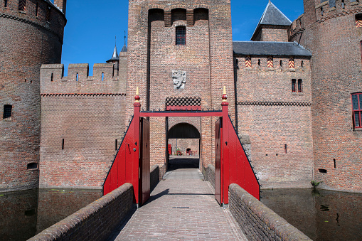 Ghent, Belgium - December 28, 2021: View of the wall of the medieval castle of Het Gravensteen, in the historic center of Ghent.