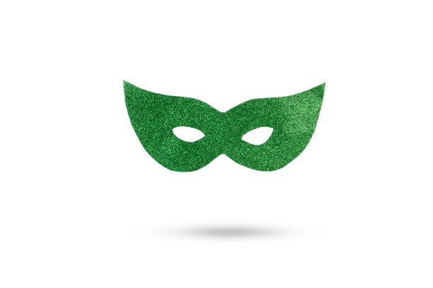 Green party glitter eye mask floating on a white background with copy space