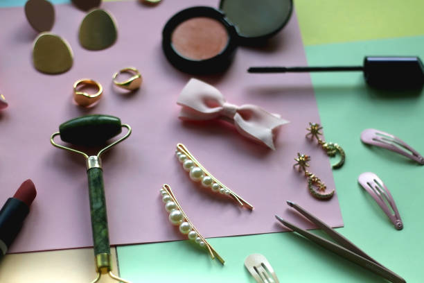 istock Various Accessories and Make Up on Colorful Backgrounds 1410106567