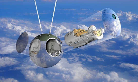 Eject from Vostok-1 spacecraft capsule ifographics cutaway. 3D rendering