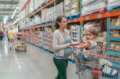 An adorable Eurasian toddler girl looks directly at the camera while sitting in a shopping cart her pregnant mother is pushing through a warehouse grocery store.