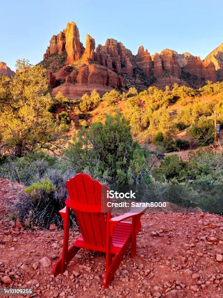 Empty Adirondack Chair With A Desert Mountain View Stock Photo - Download Image Now - Mountain, Arizona, Chair