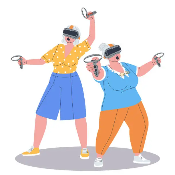 Vector illustration of Two elderly women actively and emotionally play in augmented reality glasses with joysticks in their hands. Mastering technologies of augmented reality by grandmothers.