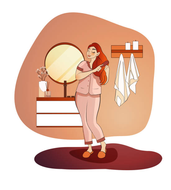 Daily routine. Woman combing hair Daily routine. Woman standing in near bathroom mirror combing hair. Woman making hairstyle by comb. Beauty care. Smiling lady. Cartoon flat vector illustration human hair comb combing cartoon stock illustrations
