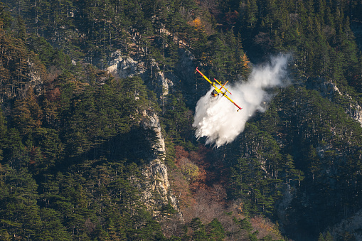 Firefighting aircraft flying over mountain forest splashing water
