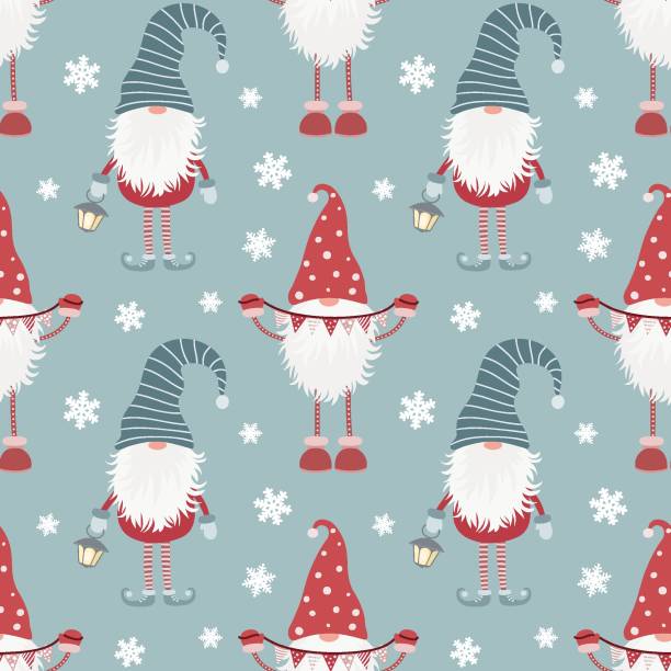 illustrations, cliparts, dessins animés et icônes de motif sans couture de noël avec gnome scandinave et flocons de neige. style plat. - christmas pattern paper seamless