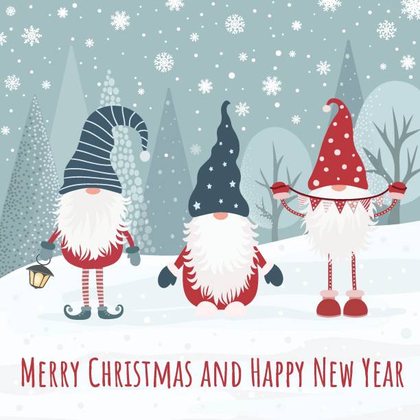 kartka świąteczna z uroczymi skandynawskimi krasnalami. - blue christmas backgrounds humor stock illustrations
