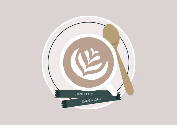 illustrations, cliparts, dessins animés et icônes de vue de dessus d’une tasse de cappuccino sur une soucoupe avec des sachets de sucre de canne - turbinado sugar illustrations
