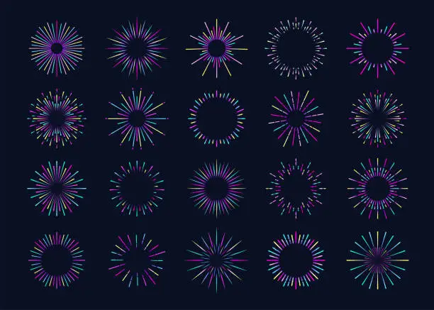 Vector illustration of Neon fireworks vector set isolated on black background