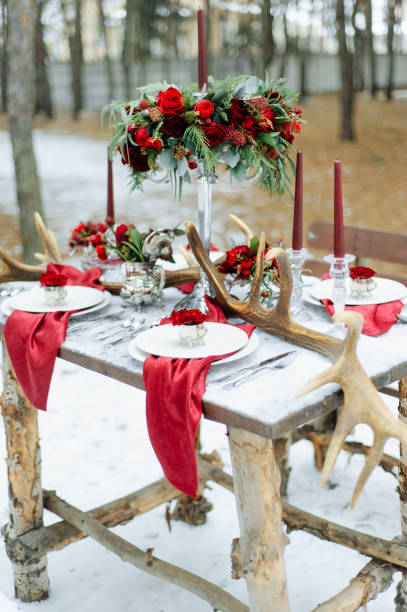 Winter Wedding decor with red roses stock photo