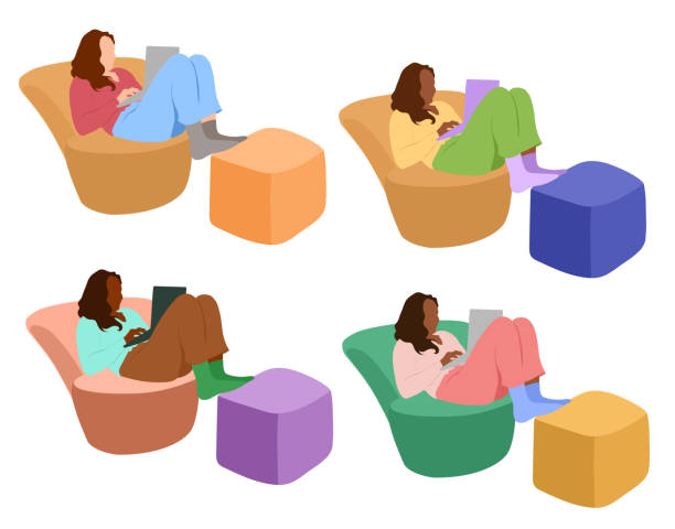 ilustraciones, imágenes clip art, dibujos animados e iconos de stock de silla de trabajo colorida y cómoda - young women women white background real people