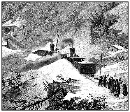 Antique engraving illustration, engineering and technology: Train snowplow