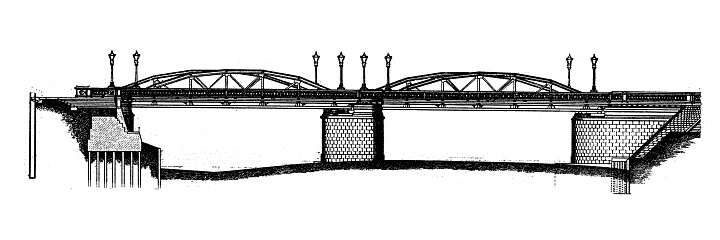 Antique engraving illustration, engineering and technology: Bridge construction, Breslau, Wrocław