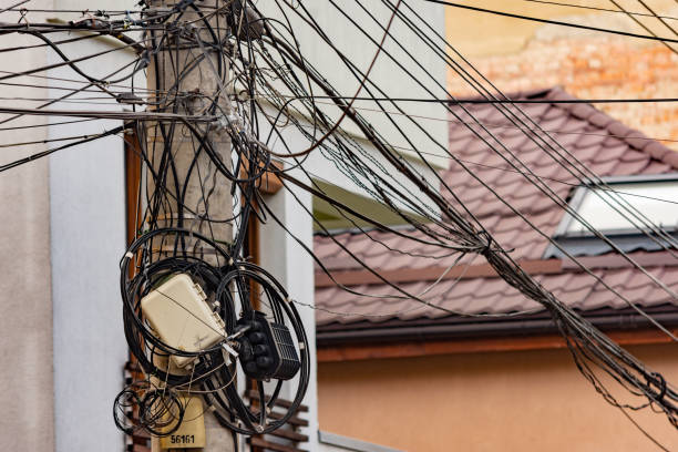 запутанные кабели рядом с экстерьером дома - electricity chaos cable connection стоковые фото и изображения