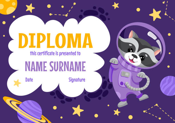istock School diploma, certificate template with cute raccoon astronaut in space suit for kids in kindergarten or primary grades. Cartoon vector illustration with galaxy animals 1410123861