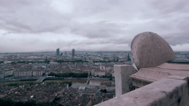 Forward steadicam movement in wide angle shot of Lyon city in France, beautiful cinematic travelling in forecast day. Shot from a point of view.