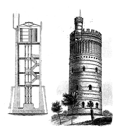 Antique engraving illustration, engineering and technology: Water tower