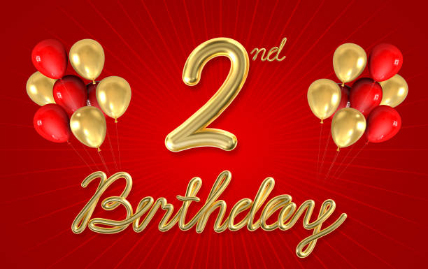 3d golden 2 years birthday celebration with star background. 3d illustration.