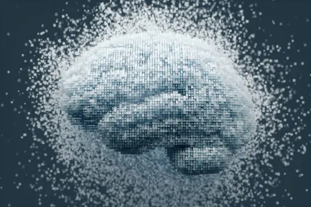 3D dissolving human brain made with cube shaped particles.
