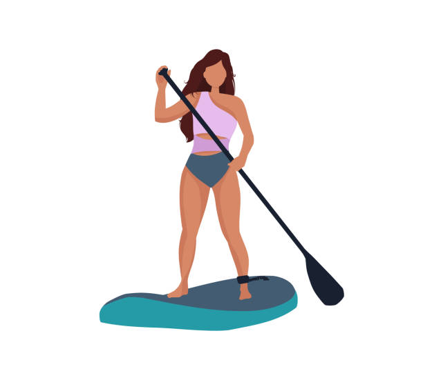 illustrazioni stock, clip art, cartoni animati e icone di tendenza di donna a bordo sup - paddleboard oar women lake