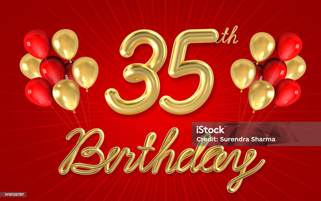 3d golden 35 years birthday celebration with star background. 3d illustration. Backgrounds Stock Photo
