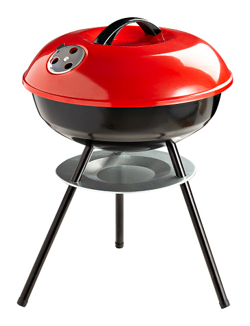 BBQ Grill Isolated on White Background. Portable Black and red BBQ Grillware Stove. Outdoor Cooking Station. Front View of Charcoal Kettle Barbecue Grill