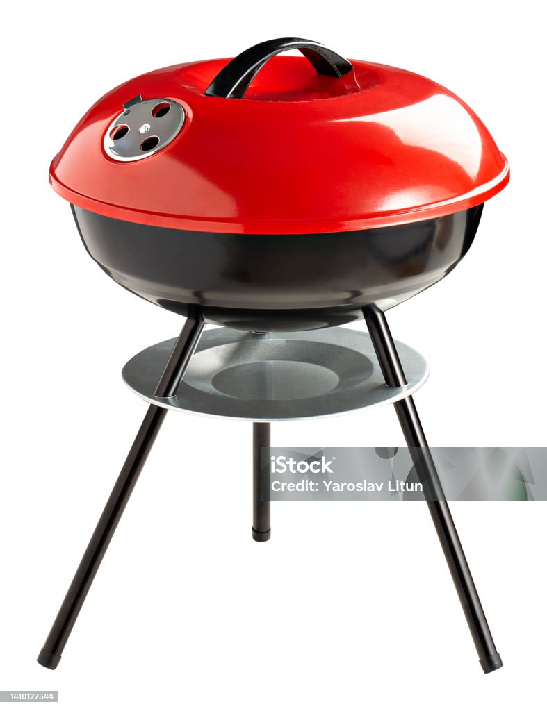 BBQ Grill Isolated on White Background. Portable Black and red BBQ Grillware Stove. Outdoor Cooking Station. Front View of Charcoal Kettle Barbecue Grill Barbecue Grill Stock Photo