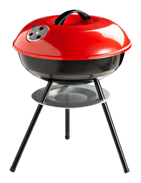 BBQ Grill Isolated on White Background. Portable Black and red BBQ Grillware Stove. Outdoor Cooking Station. Front View of Charcoal Kettle Barbecue Grill BBQ Grill Isolated on White Background. Portable Black and red BBQ Grillware Stove. Outdoor Cooking Station. Front View of Charcoal Kettle Barbecue Grill metal grate stock pictures, royalty-free photos & images