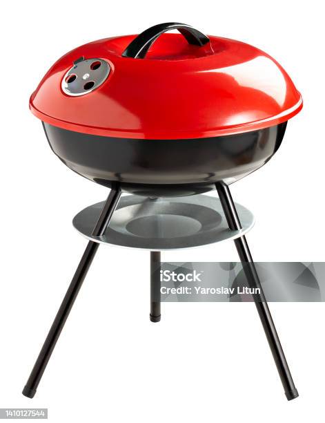 Bbq Grill Isolated On White Background Portable Black And Red Bbq Grillware Stove Outdoor Cooking Station Front View Of Charcoal Kettle Barbecue Grill Stock Photo - Download Image Now