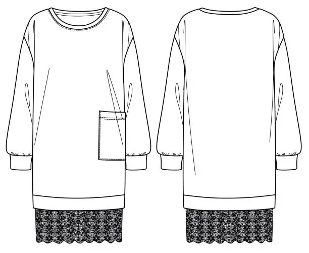 Vector illustration of Vector sweatshirt dress technical drawing, sporty dress sketch CAD, hooded dress flat, casual wear for woman, sweat dress template, mock up