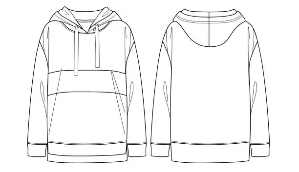 Vector illustration of Vector woman sweatshirt fashion CAD, long sleeved hooded sweatshirt technical drawing, template, sketch, flat. Fleece or woven fabric sweatshirt with front, back view, white color