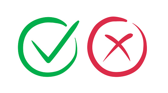 OK and X button vector set isolated on background. Symbols YES and NO for decision making, vote, mobile app, web site. Checkmark sign. Right and wrong check mark sign 10 eps
