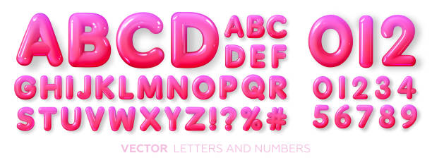 jasny, różowy, gradientowy, błyszczący, plastikowy alfabet 3d - alphabet description number isolated stock illustrations