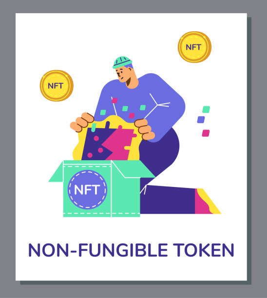Poster about non-fungible token flat style, vector illustration Poster about non-fungible token flat style, vector illustration isolated on gray background. Young man takes out of box art bought for NFT, coins, cryptocurrency non gender figure stock illustrations