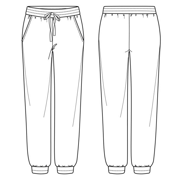 ilustrações de stock, clip art, desenhos animados e ícones de vector unisex jogger fashion cad, woman sweatpants with side pockets technical drawing, template, sketch, flat. jersey or woven fabric trousers with front, back view, white color - waistband