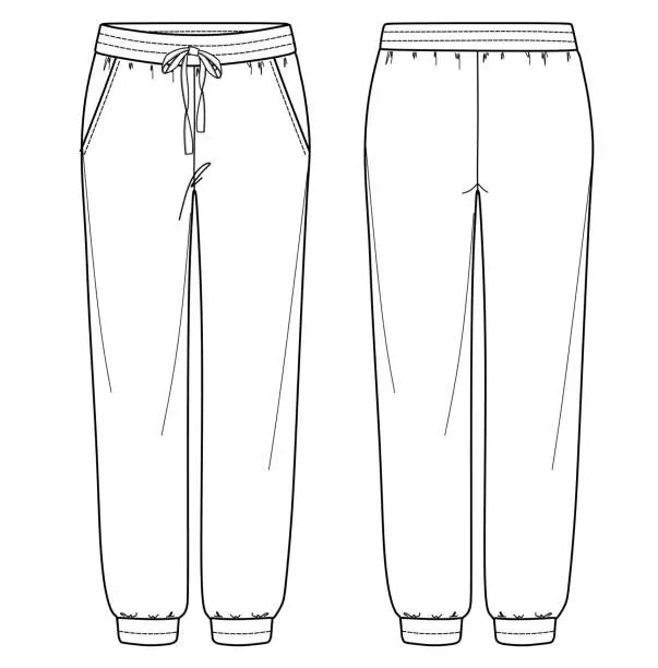 Vector illustration of Vector unisex jogger fashion CAD, woman sweatpants with side pockets technical drawing, template, sketch, flat. Jersey or woven fabric trousers with front, back view, white color
