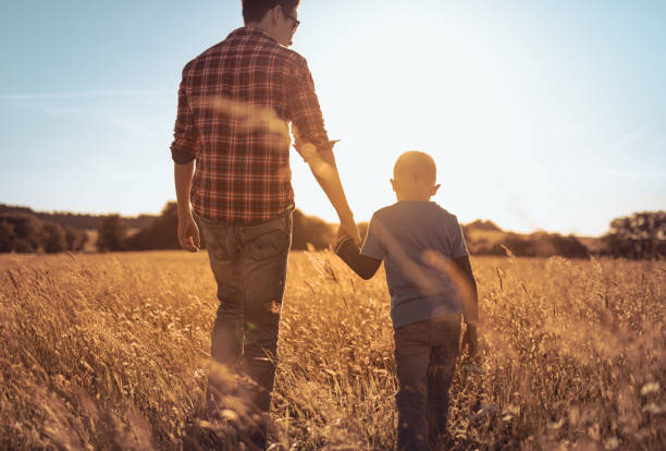 père et fils se tenant la main marchant dans un champ d’herbe face au coucher du soleil sur la nature. - leafes autumn grass nature photos et images de collection