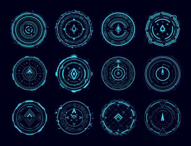 ilustraciones, imágenes clip art, dibujos animados e iconos de stock de brújula hud, panel de control de puntería y elementos de radar - altitude dial