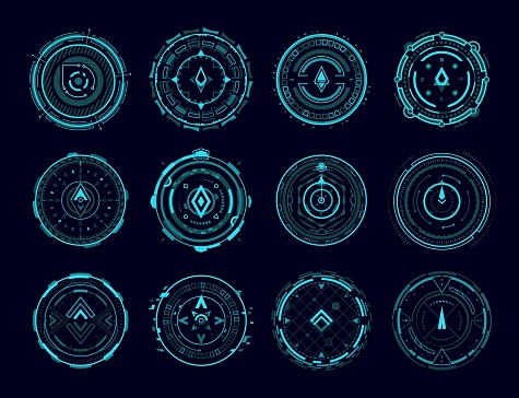 HUD compass, aim control panel elements, vector digital interface radars. HUD futuristic technology or game compass or target position arrows, navigation and tracking gauges of spaceship dashboard