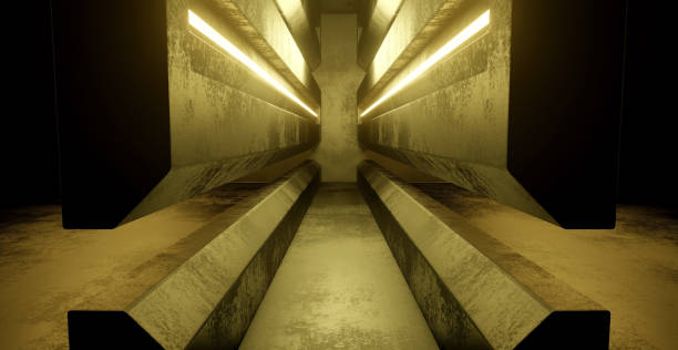 istock Futuristic Technology Show Stage Track Path Entrance Gate Underground Garage Hall Tunnel Corridor Copper Brown or Yellow Banner Background Alien Concept 3D Illustration 1410133637