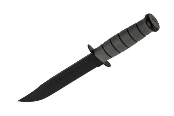 istock Modern hunting knife with black blade and rubber handle. Steel arms. Isolate on a white background. 1410134450