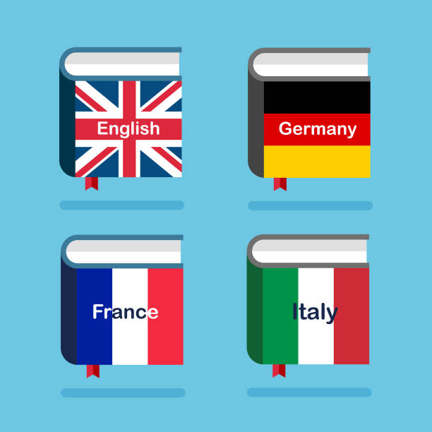 ilustraciones, imágenes clip art, dibujos animados e iconos de stock de icono del diccionario de inglés, alemania, francia e italia. - french culture dictionary france text