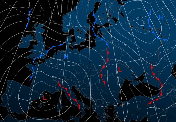 illustrazioni stock, clip art, cartoni animati e icone di tendenza di previsioni meteo isobar mappa notturna dell'europa - meteorology